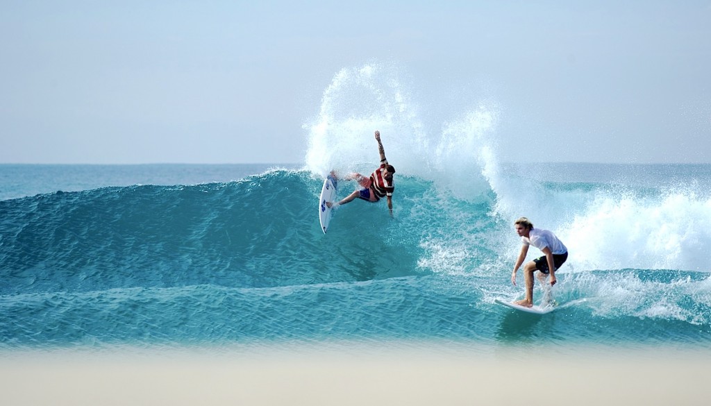 Dane Reynolds (outside) and Noa Deane surfing in Mexico.