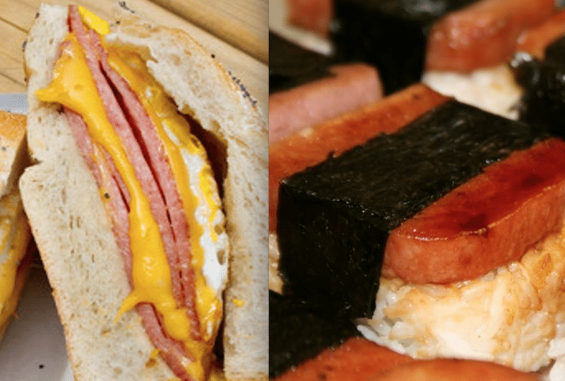 pork roll (left) and Spam musubi (right) locked in a deadly battle.