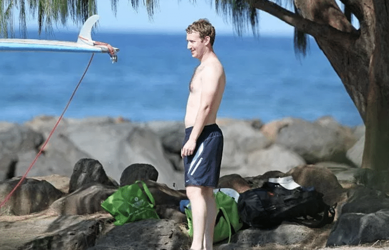 Mark Zuckerberg wonders if the fin is facing the right direction because an executive at the World Surf League told him that the other way is cooler.