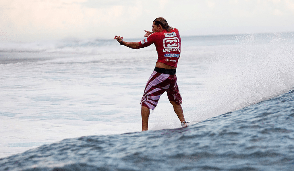The great Andy Irons wearing his iconic Rising Sun boardshort.