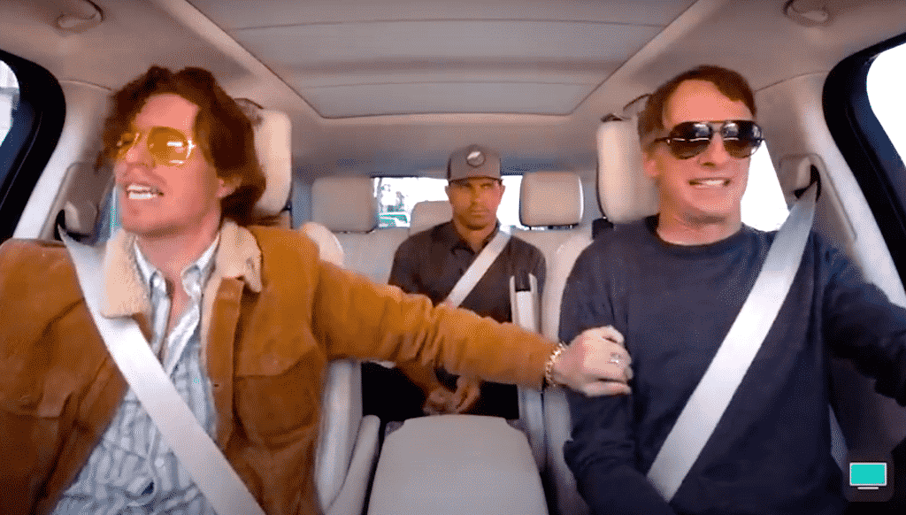Hawk (pictured right) on his own road trip with world's most famous Winter Olympian Shaun White (left) and surf great Kelly Slater (backseat).