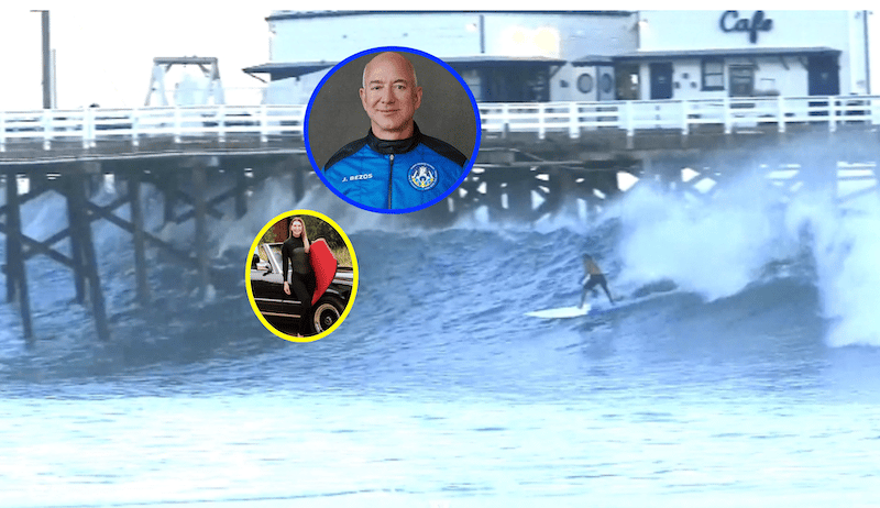 Laird Hamilton shoots Malibu Pier during last monster swell as Ellen Pompeo (left) and Jeff Bezos attempt to steel spines.