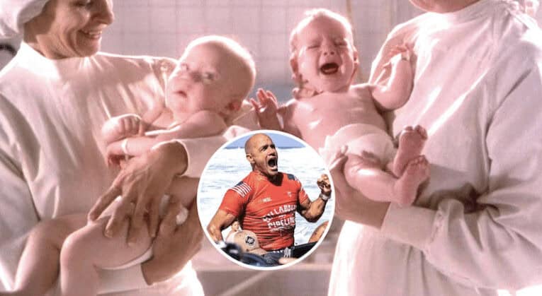 Kelly Slater (insert) with life accomplishments. Photo: Twins