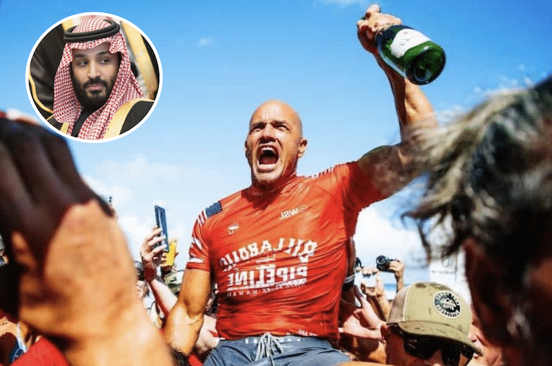 Kelly Slater (pictured) celebrating with non-alcoholic bubbly apple juice.