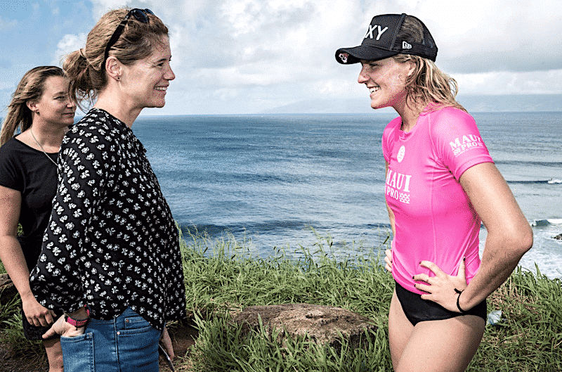 World Surf League Chief of Sport Jessi Miley-Dyer quietly revising history (background) whilst former CEO Sophie Goldschmidt takes care of business. Photo: WSL