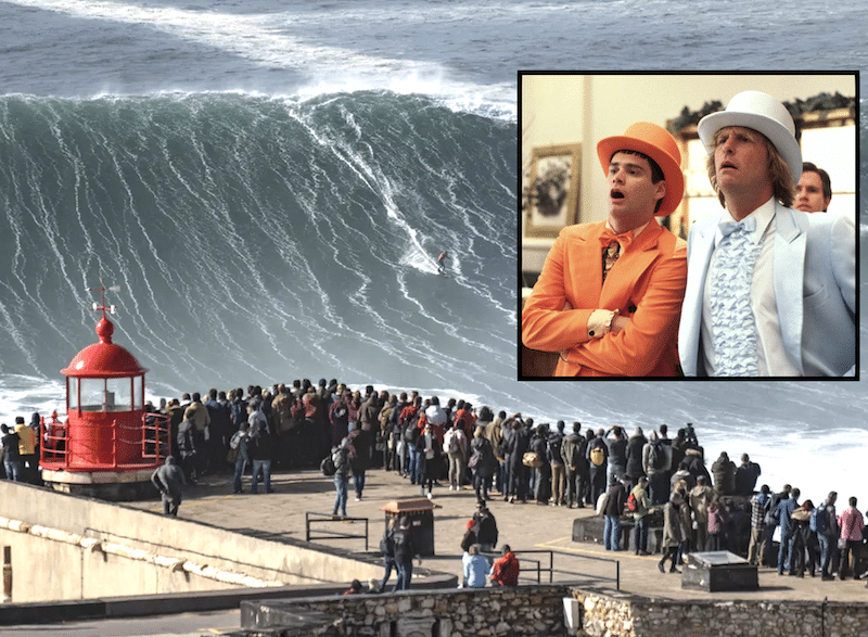 Wealthy kooks (insert) plan their line at Nazaré. Photo: Dumb and Dumber