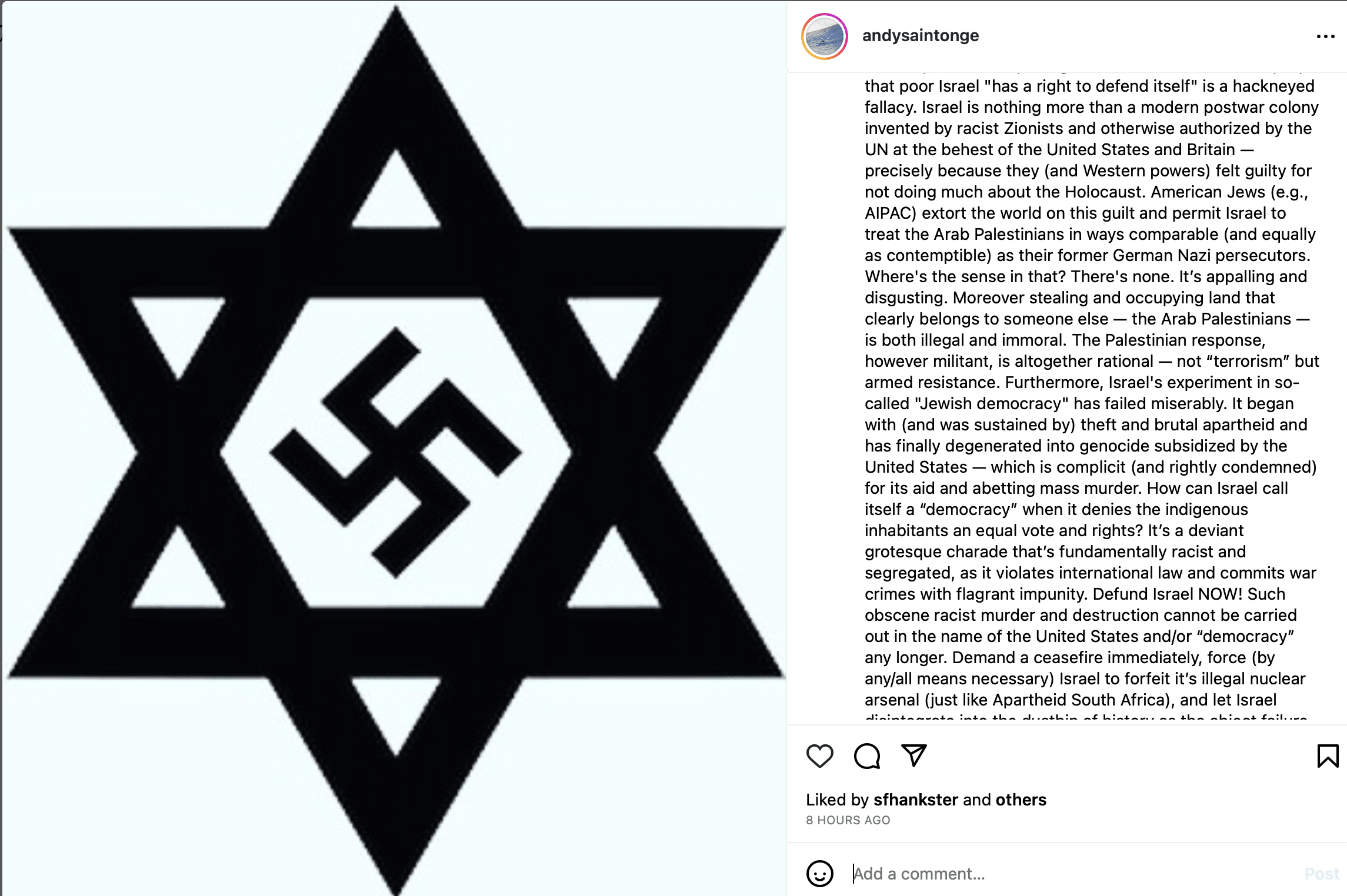 Andy Saint Onge's anti-Israel post on Instagram