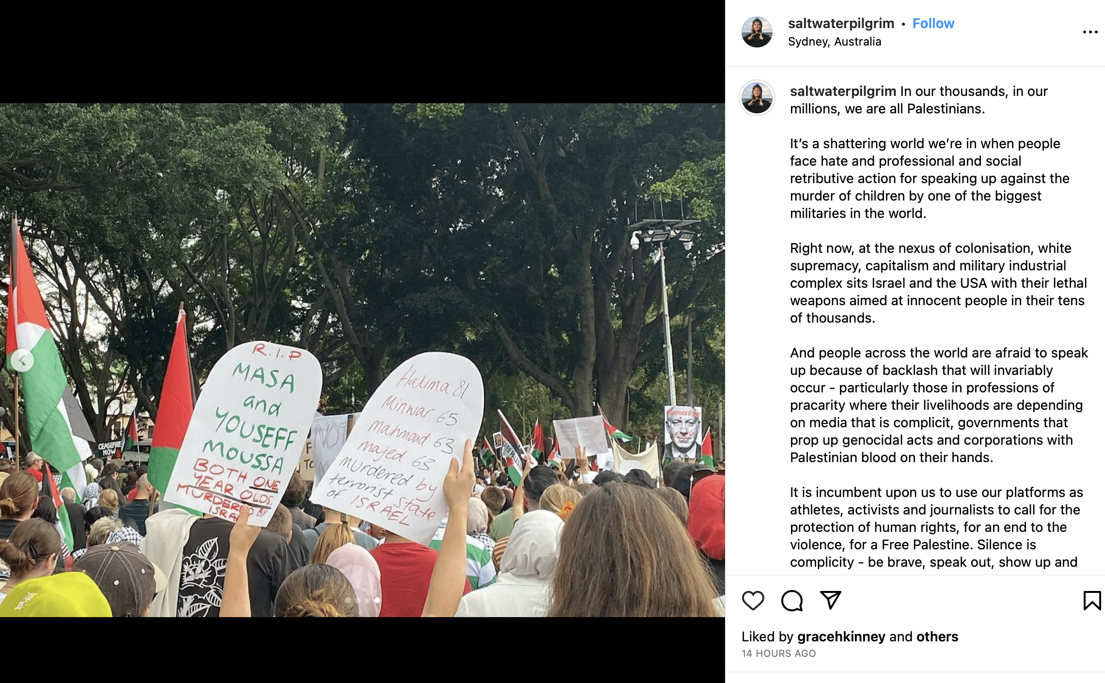 Lucy Small Instagram post about Palestine v Israel conflict