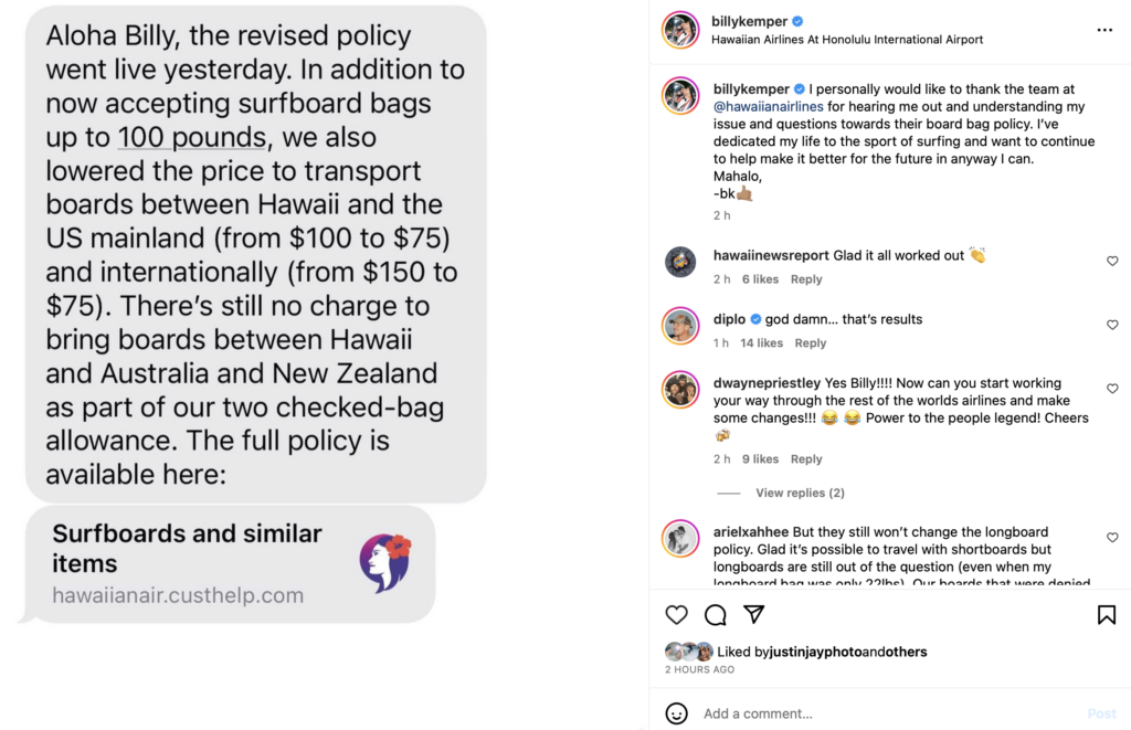Hawaiian Airlines changes policy after Billy Kemper Instagram post.