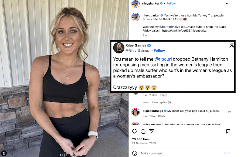 Riley Gaines tweets disapproval of Rip Curl's celebration of transgender surfer Sasha Jane Lowerson.