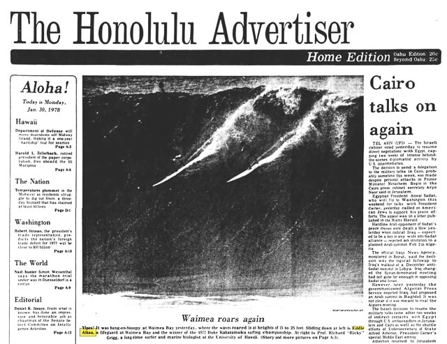 Eddie Aikau on the cover of The Honolulu Advertiser.