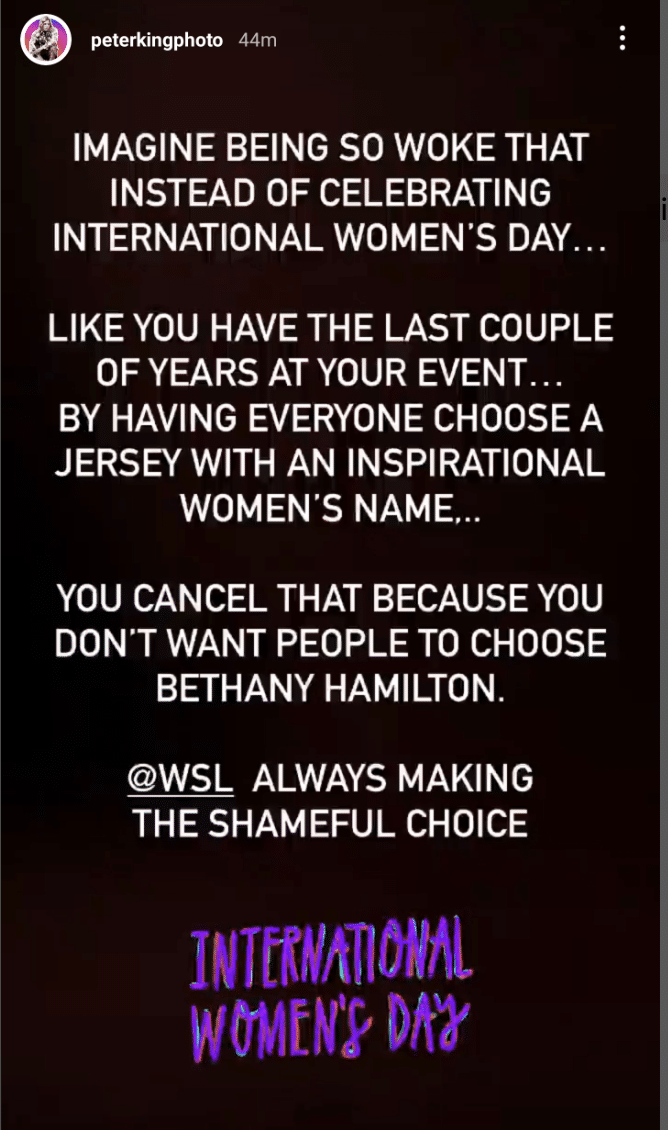 WSL cancels international women's day because of Bethany Hamilton
