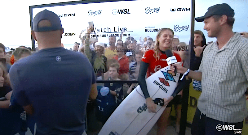 Bizarre scenes at surf major as Kelly Slater gatecrashes Stephanie Gilmore interview