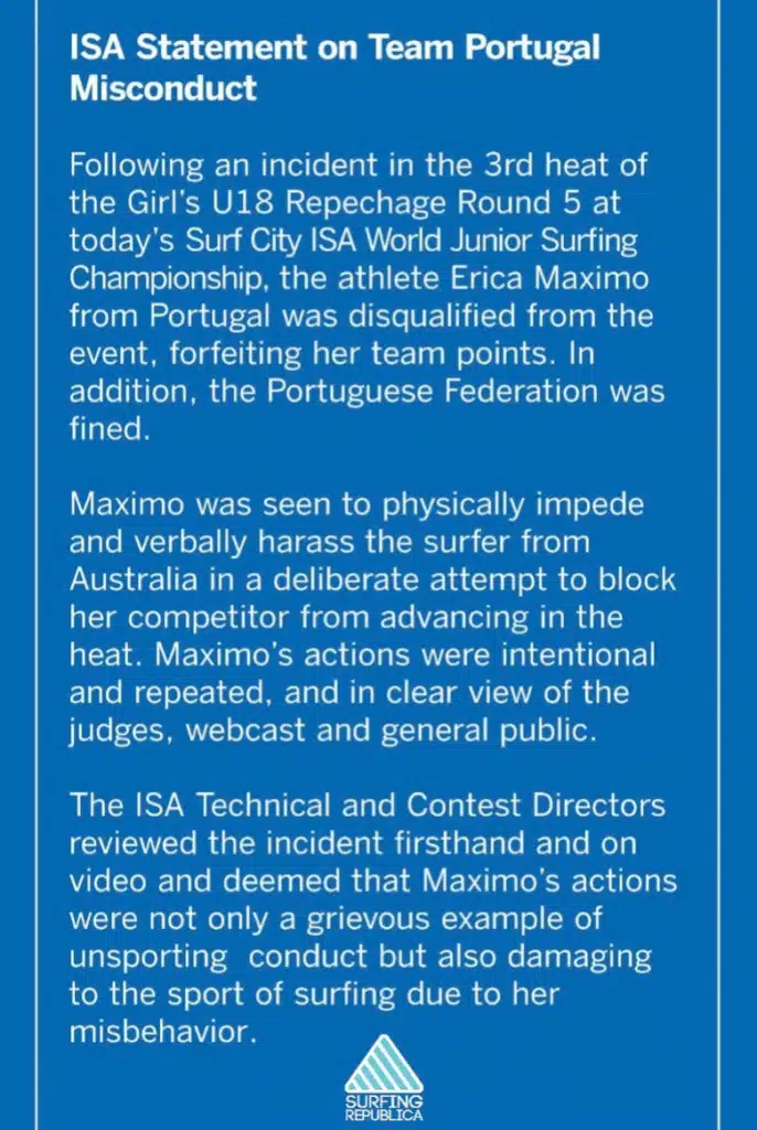 ISA disqualifies Portuguese surfer Erica Maximo White. 