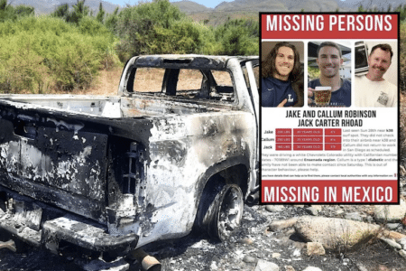 The burnt out Chevy Colorado of Callum and Jake Robinson, killed in Mexico.
