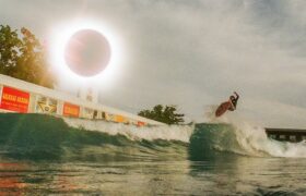 Dylan Graves, surfing during a total solar eclipse at Waco, Texas.