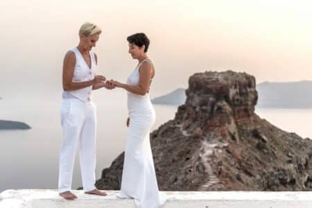 Keala Kennelly and Nadia Caldarella, married in Santorini, Greece.