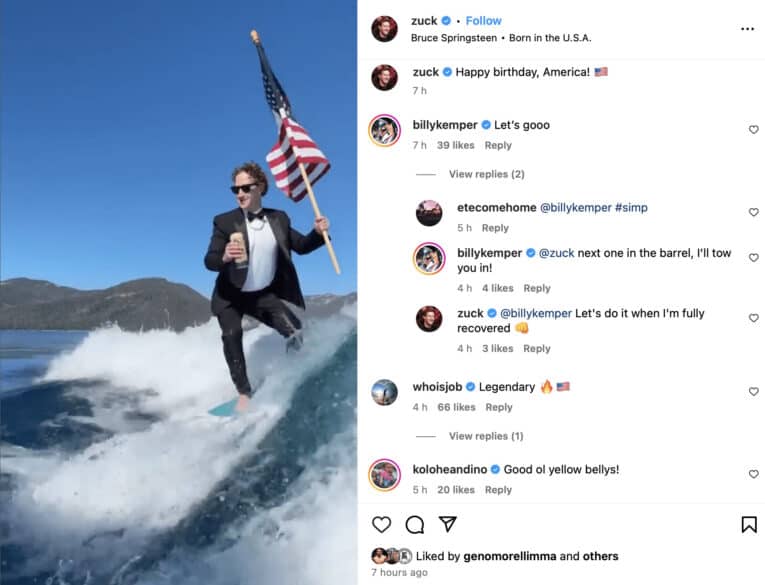 Mark Zuckerberg surfing, July 4 Instagram post.
