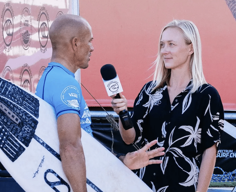 Shannon Hughes (right) interviews the great Kelly Slater.