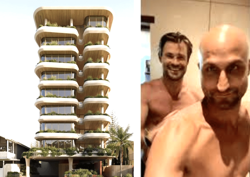 DJ FISHER with Chris Hemsworth and an artist's impression of his Palm Beach tower.