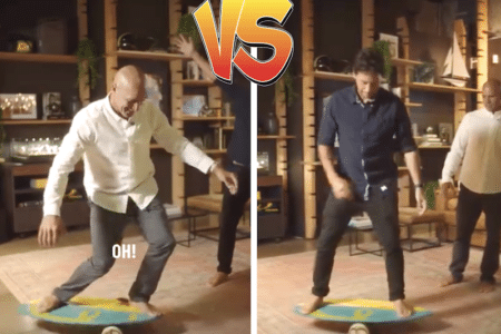 Kelly Slater (left) and Jeremy Flores (right) pictured damaging the balance board's reputation. Photo: Instagram