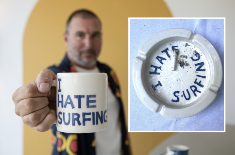 Master surfer-ceramicist releases cult “I Hate Surfing” 70s-style ashtrays and truck-stop diner mugs