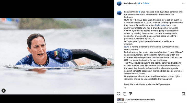 Best female surfer on earth lashes WSL for Tyler Wright “death sentence” surf contest in Sharia Law-ruled Abu Dhabi