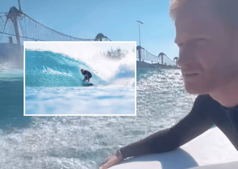 Prince Harry gets barrelled at Kelly Slater Surf Ranch.