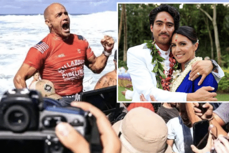 Kelly Slater (left) hyped on Tulsi and her handsome man.