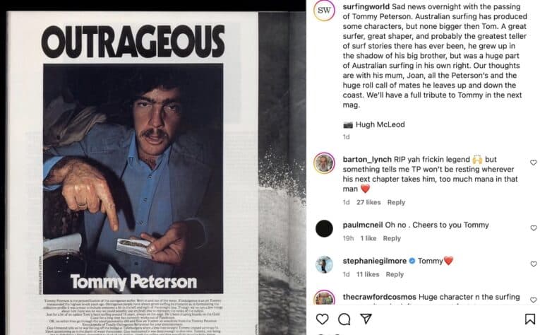 “Personification of the outrageous surfer” and creator of zeitgeist-shifting Fireball Fish surfboard Tommy Peterson, dead at 71