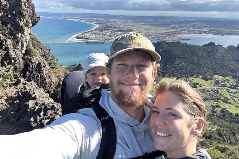 John John Florence, son Darwin and wife Lauryn in New Zealand.