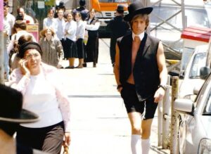 Israeli surfer in national dress strolls the streets of Male in the Maldives.