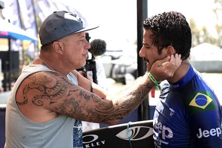 Filipe Toledo and his daddy Ricardo on Finals Day at Lowers, a venue Toledo all but owns.