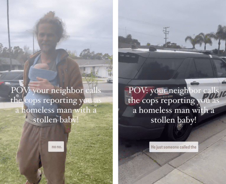 Woman calls police on Huntington Beach surfer/artist out walking his baby to report “homeless man child trafficking”