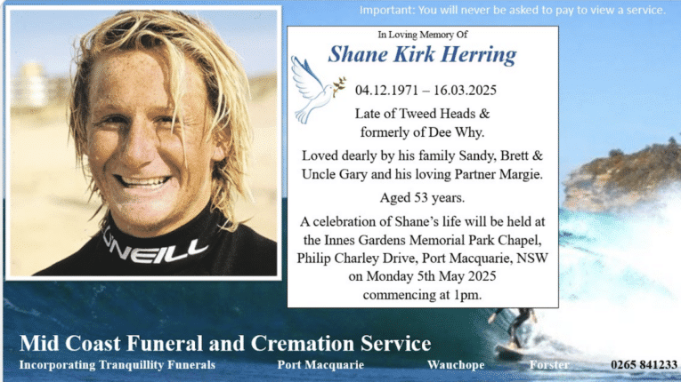 Watch livestream of Aussie surf legend Shane Herring’s funeral