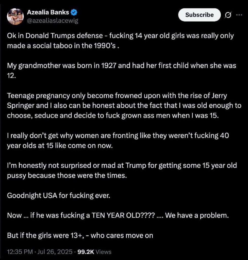 Azealia Banks tweet about underage sex, now deleted.