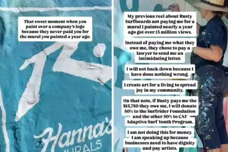 Queer artist claims she was stiffed of fifteen k by Californian surfboard icon Rusty.