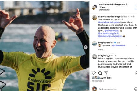 Kelly Slater calls Mike Stewart "the greatest" after Shark Island Challenge win.