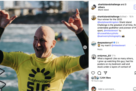 Kelly Slater calls Mike Stewart "the greatest" after Shark Island Challenge win.