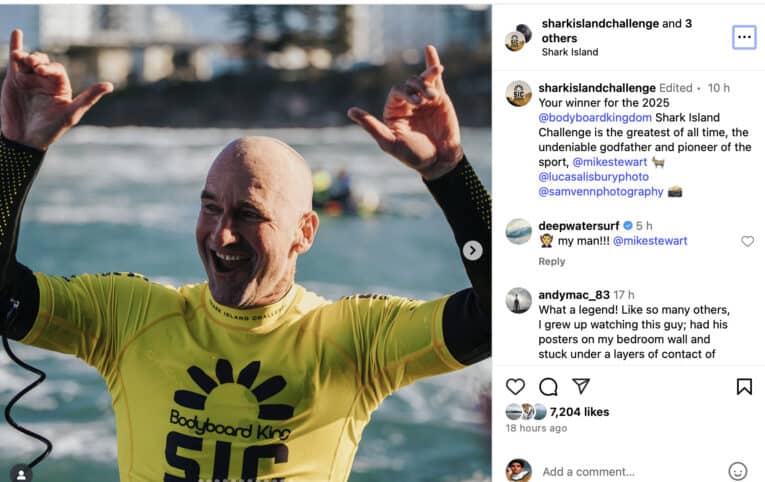 Kelly Slater calls Mike Stewart "the greatest" after Shark Island Challenge win.