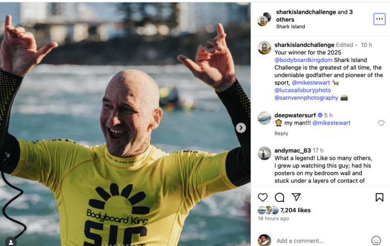Kelly Slater joins chorus of praise as 62-year-old Mike Stewart wins Shark Island Challenge