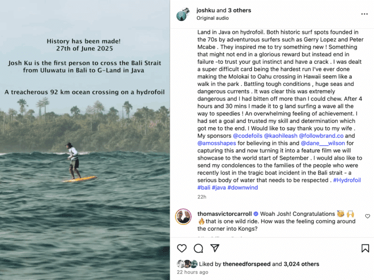 Aussie surfer Josh Ku first person in history to make 92km Uluwatu-to-Grajagan crossing on a hydro-foil