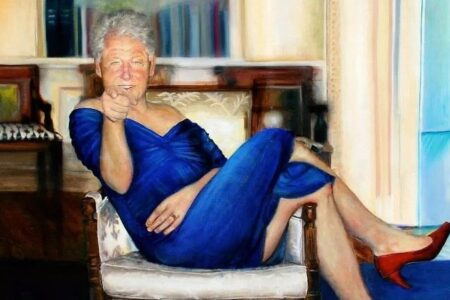Painting of Bill Clinton in blue dress in Jeffrey Epstein's New York townhouse.