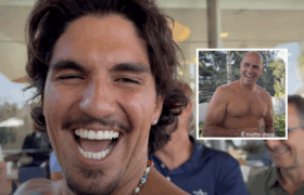 Gabriel Medina and Kelly Slater and infamous Strawberry of Love scene.