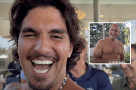 Gabriel Medina and Kelly Slater and infamous Strawberry of Love scene.