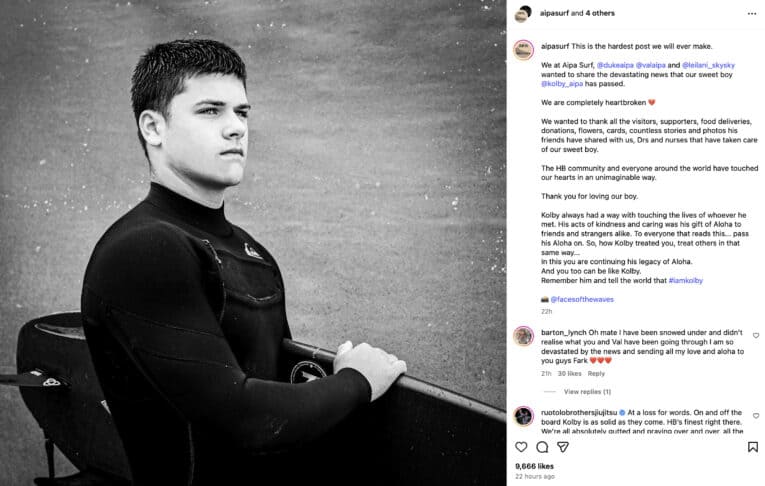 Kolby Aipa, grandson of Ben Aipa, son of Duke, dead at 20.